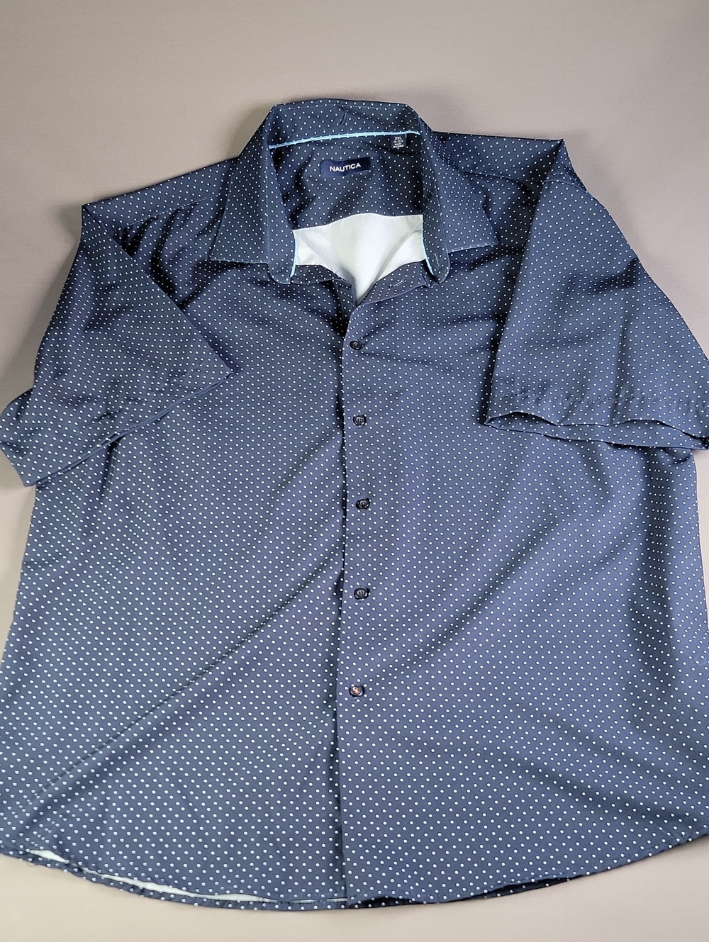 Nautica Navy Short-Sleeve Button-Down with White Micro Dot Pattern Never Worn